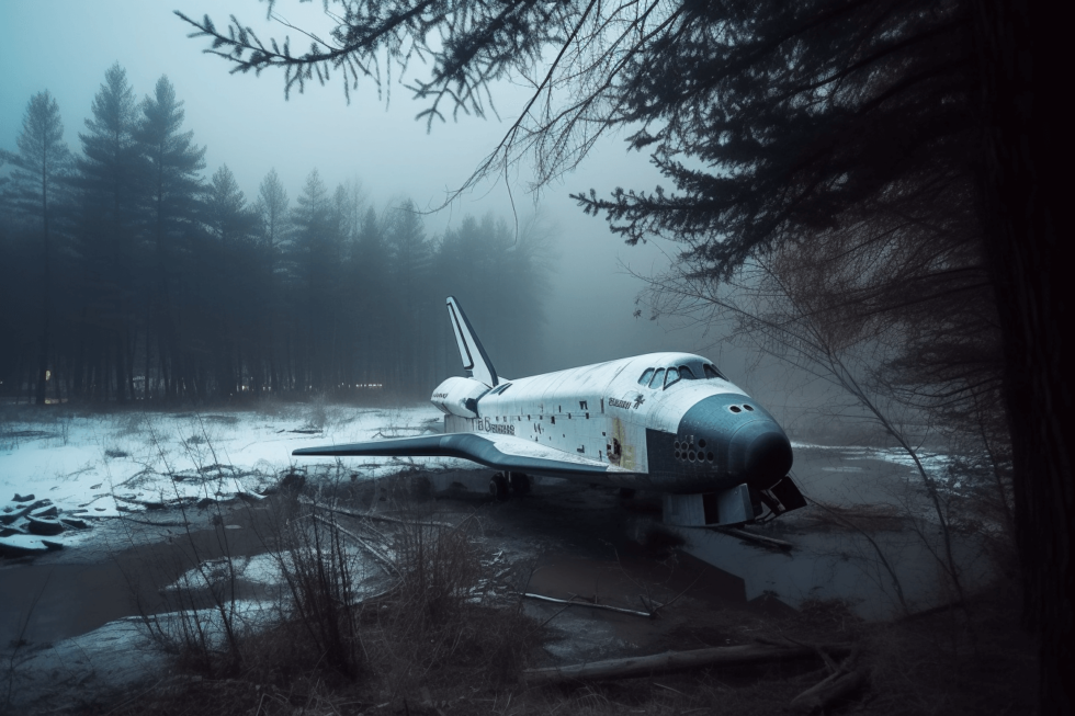 altes Space Shuttel auf einer Waldlichtung im November 2005