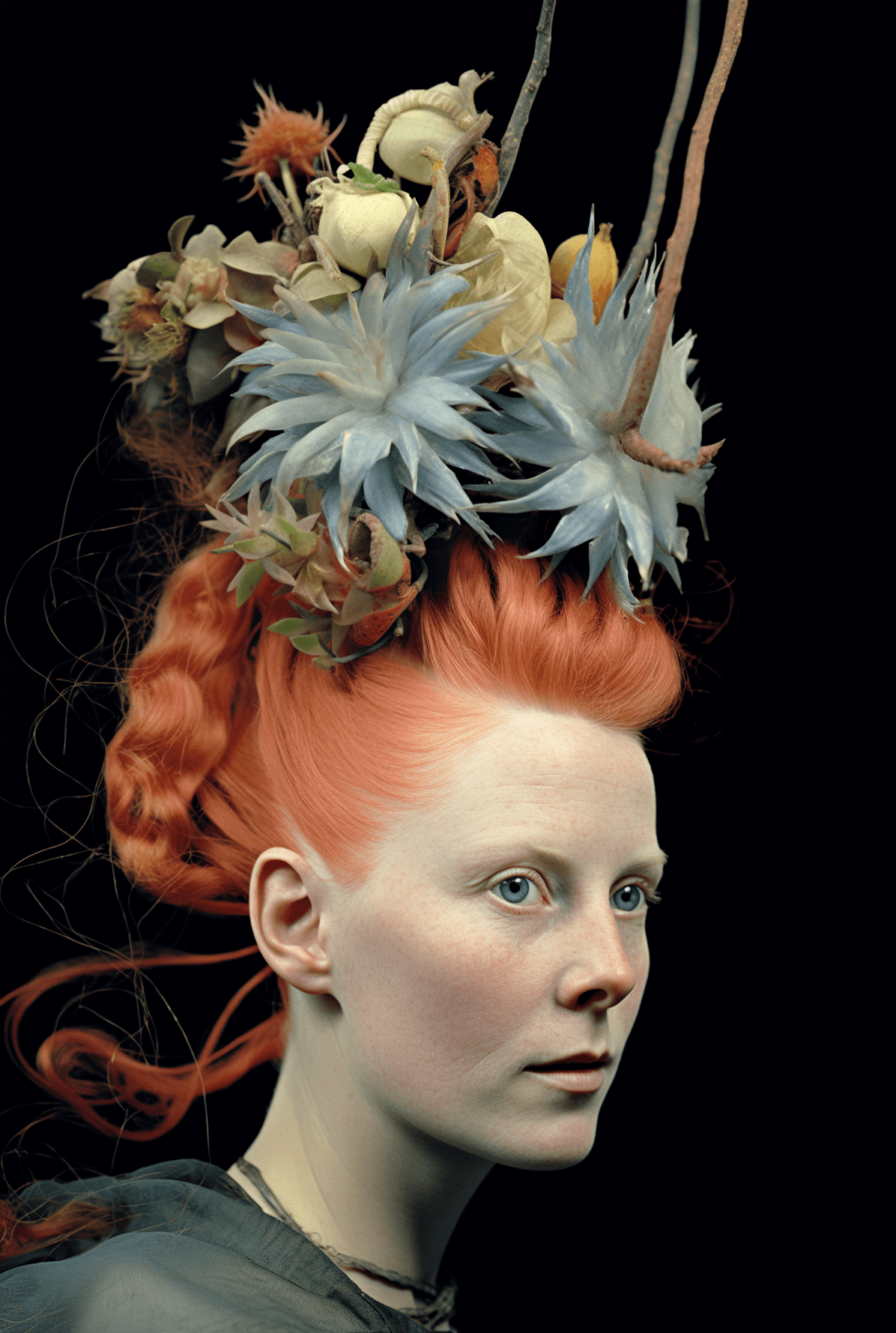 Frau mit rot gefärbten Haaren und Blumenbouquet auf dem Kopf vor schwarzem Samt HIntergund